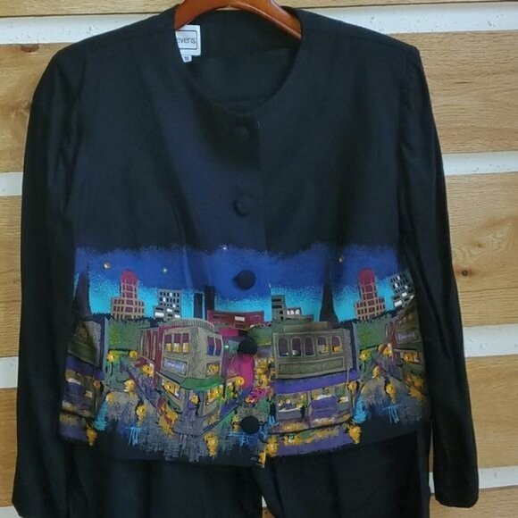 Karin Stevens Vintage Skyscraper Night Light Graphic Black Padded Sz 10 Pantsuit - Picture 2 of 16